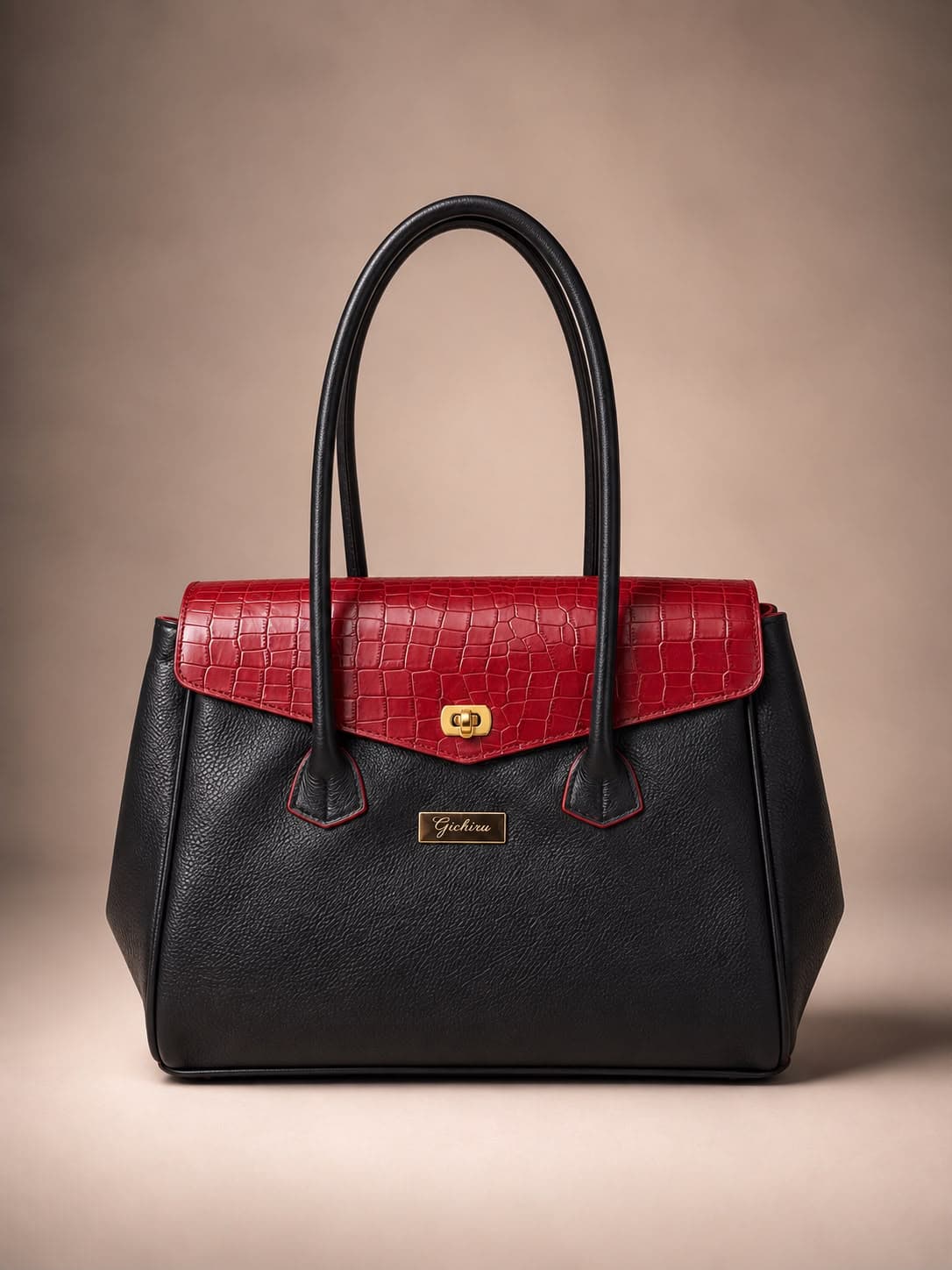 Gichiru Lynn structured handbag with black leather body and red crocodile-embossed cover