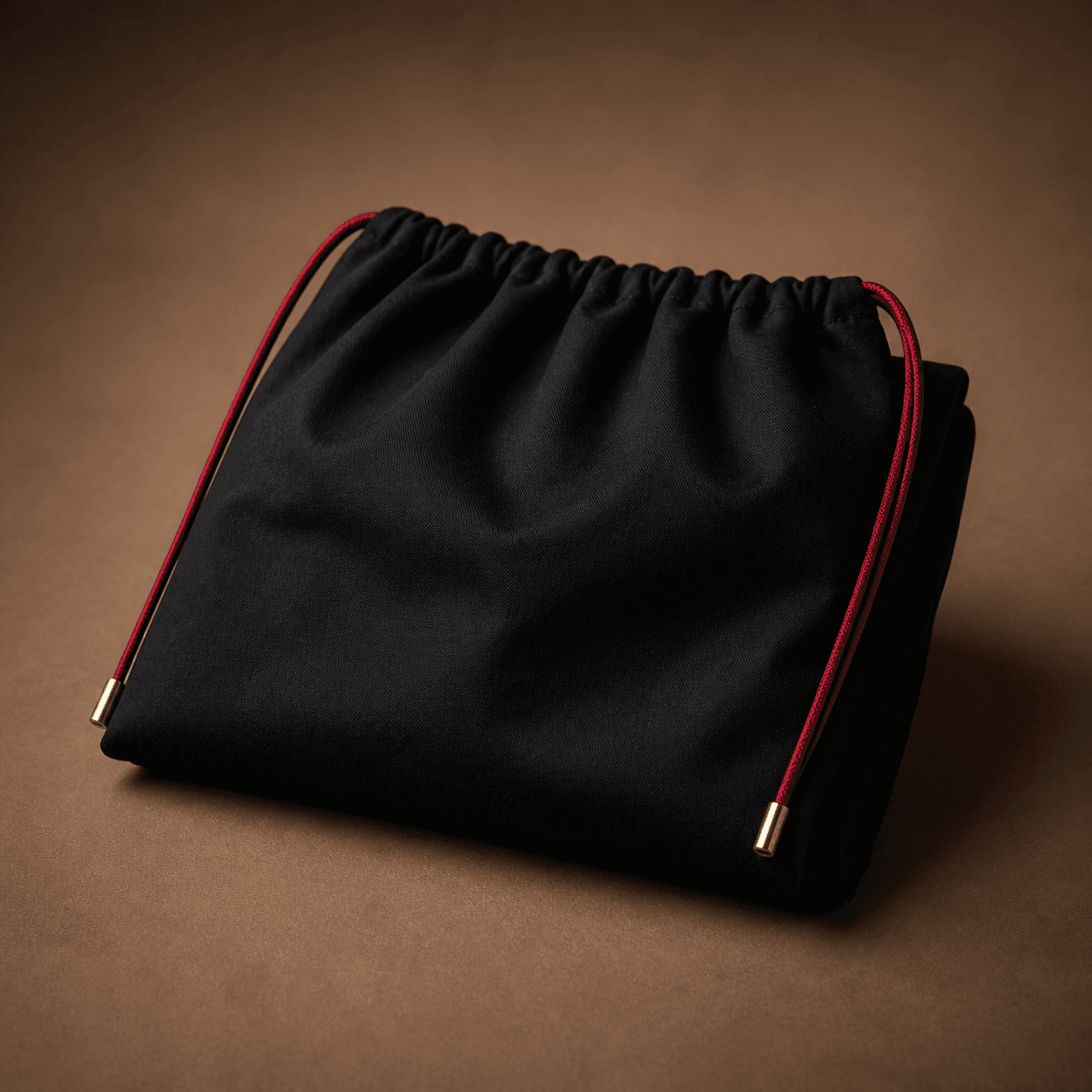 Gichiru black dust bag with oxblood drawcord and gold cord tips