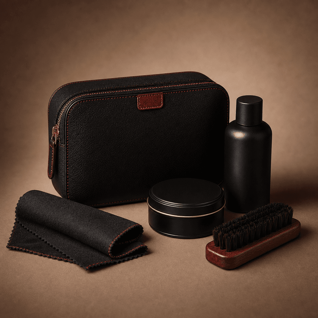 Gichiru leather care kit with polish cloth, brush, and leather conditioner