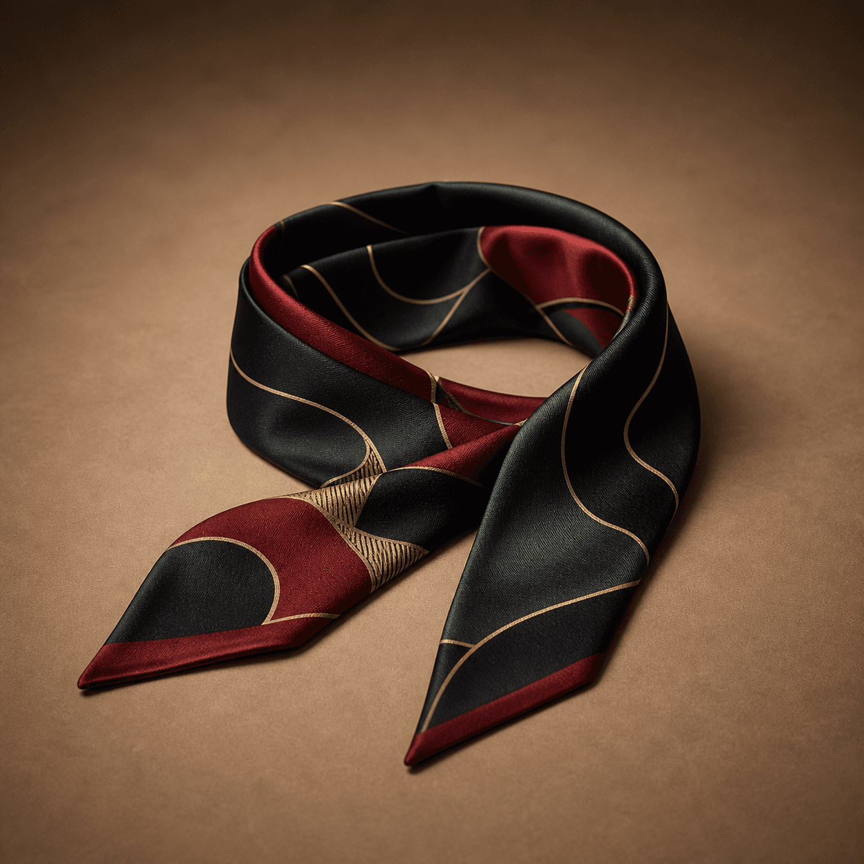 Gichiru silk twilly in black, oxblood, forest green, and muted gold